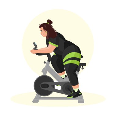 Spor salonunda spor yapan şişman bir kızın tasviri. Fitness kızı. Fazla kilolu. Kilo veriyorum. Spor egzersizleri..