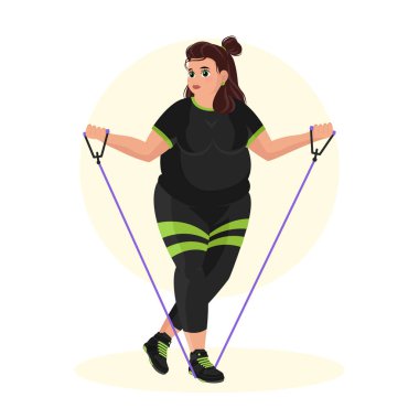 Spor salonunda spor yapan şişman bir kızın tasviri. Fitness kızı. Fazla kilolu. Kilo veriyorum. Spor egzersizleri..