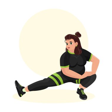 Spor salonunda spor yapan şişman bir kızın tasviri. Fitness kızı. Fazla kilolu. Kilo veriyorum. Spor egzersizleri..