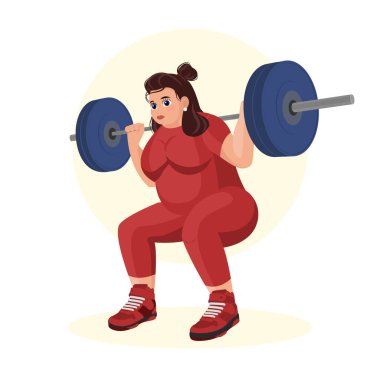 Spor salonunda spor yapan şişman bir kızın tasviri. Fitness kızı. Fazla kilolu. Kilo veriyorum. Spor egzersizleri..