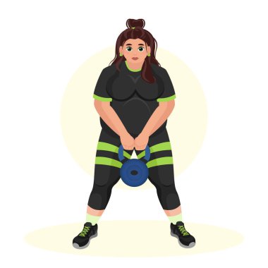 Spor salonunda spor yapan şişman bir kızın tasviri. Fitness kızı. Fazla kilolu. Kilo veriyorum. Spor egzersizleri..