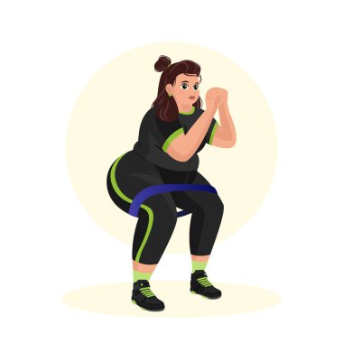 Spor salonunda spor yapan şişman bir kızın tasviri. Fitness kızı. Fazla kilolu. Kilo veriyorum. Spor egzersizleri..