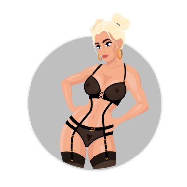 İç çamaşırlı güzel sarışın bir kadının tasviri. Güzel genç kız. Seksi bir kızın tasviri.