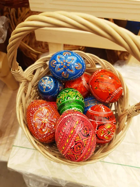 Eve Easter Holiday Decorations Form Colorful Easter Eggs Basket Close — Stock Photo, Image