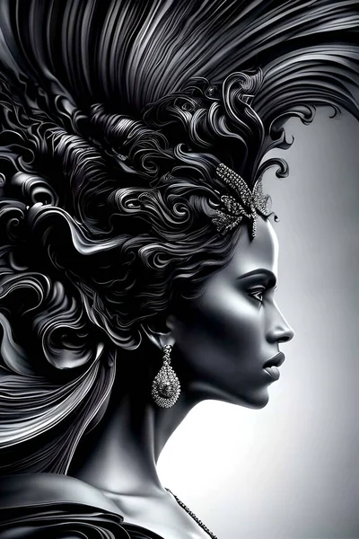 Красива Жінка Профілі Протікаючим Волоссям Сірому Фоні Портрет Жінки Крупним Стокове Фото