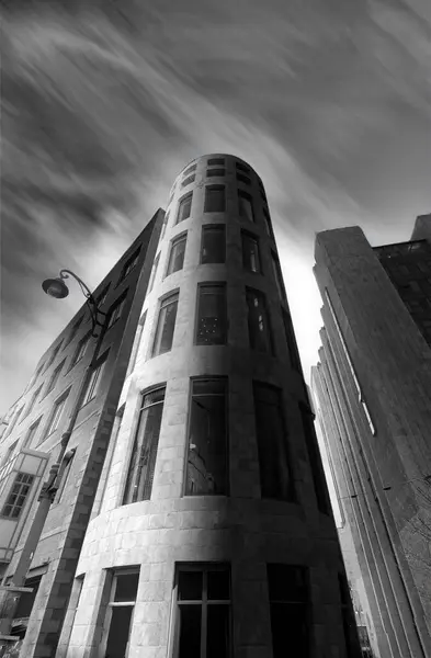 stock image Black and white abstract upward view of downtown skyscrapers. High quality photo