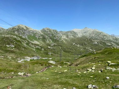 St. Gotthard Geçidi 'nin (Gotthard Geçidi) dağlık alanındaki yüksek dağlık İsviçre çayırlarında yaz atmosferi, Airolo - Ticino Kantonu (Tessin), İsviçre (Schweiz)