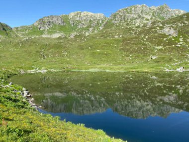 Saint Gotthard Geçidi 'nin İsviçre alp bölgesinde (Gotthard Geçidi) Lago di Rodont Gölü' nde (Rodont Gölü) yaz atmosferi, Airolo - Ticino Kantonu (Tessin), İsviçre (Schweiz)