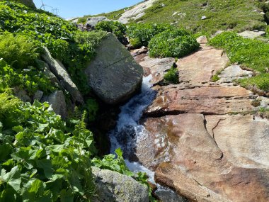 İsviçre Alpleri 'ndeki Gotthard Geçidi (Gotthard Geçidi) bölgesinde dağ şelaleleri ve şelaleleri, Airolo - Ticino Kantonu (Tessin), İsviçre (Schweiz)