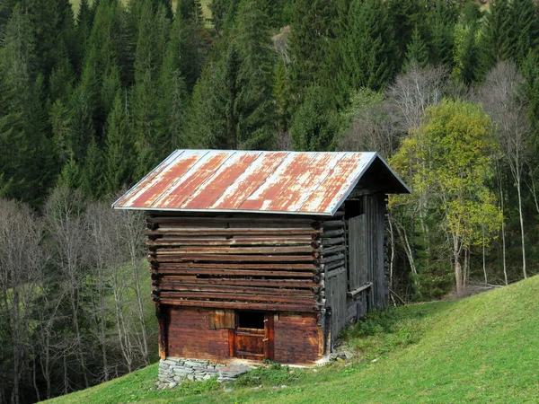 Tradycyjna Szwajcarska Architektura Drewniane Alpejskie Domy Jesiennym Otoczeniu Pastwisk Górskich — Zdjęcie stockowe