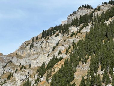 Panixersee gölünün (Lag da Pigniu) ya da Panixer Gölü 'nün yamaçlarındaki dik kayalıklar ve dikey kayalar Glarus Alpleri dağ kitlesi, Pigniu-Panix - İsviçre' nin Grisonlar Kantonu (Schweiz)