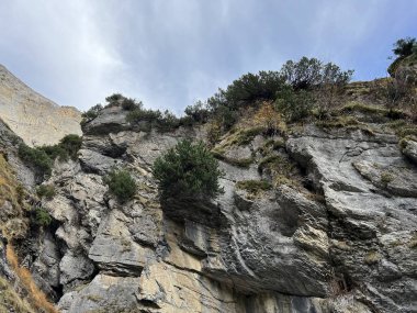 Panixersee gölünün (Lag da Pigniu) ya da Panixer Gölü 'nün yamaçlarındaki dik kayalıklar ve dikey kayalar Glarus Alpleri dağ kitlesi, Pigniu-Panix - İsviçre' nin Grisonlar Kantonu (Schweiz)