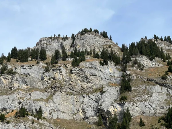 Steep Stone Cliffs Vertical Rocks Reservoir Lake Panixersee Lag Pigniu — Stock Photo, Image