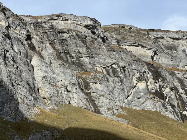 Steep Stone Cliffs Vertical Rocks Reservoir Lake Panixersee Lag Pigniu — Stock Photo, Image