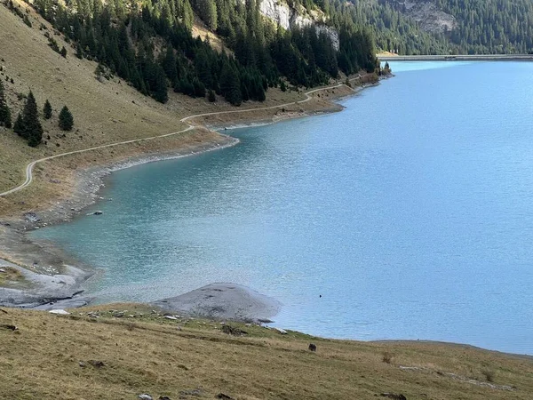 貯水池Panixersee Lag Pigniu またはPanixer Lakeのグララスアルプス山脈の斜面にあるPigniu Panix Canton Grisons Switzerland Kann — ストック写真