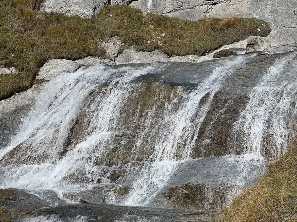 stock image Aua dil Mer stream or Aua dil Mer creek (Aua dil Mer Bach) over the lake Panixersee (Lag da Pigniu) and in the Glarus Alps massif, Pigniu-Panix - Canton of Grisons, Switzerland (Kanton Graubuenden, Schweiz)