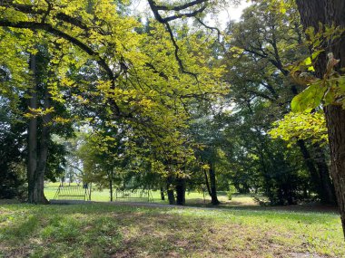 Nasice 'deki Pejaceviç şatosunun parkı veya Pejaceviç ailesinin kalesinin yanına park etmek - Slavonya, Hırvatistan (Park dvorca Pejaceviç u Nasicama ili Perivoj uz dvorac obitelji Pejaceviç, Nasice - Slavonija, Hrvatska)
