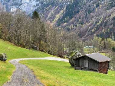 Taminatal nehir vadisinde sonbahar otlakları ve karışık ormanlarda geleneksel İsviçre mimarisi ve ahşap alp evleri, Vaettis - St. Gallen Kantonu, İsviçre (Kanton St. Gallen, Schweiz)