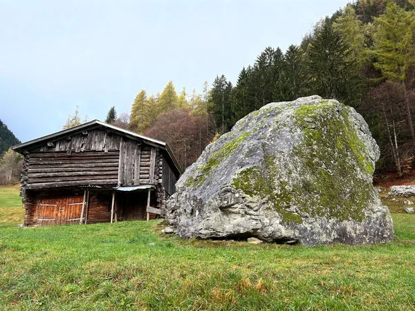 Традиційна Швейцарська Архітектура Дерев Яні Альпійські Будинки Осінньому Середовищі Гірських — стокове фото