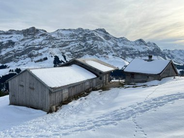 İsviçre çayırlarındaki yerli dağ kulübeleri ve ahşap ahırlar Alpstein dağ kütlesi Urnaesch 'in (ya da Urnasch) taze kar örtüsüyle kaplıdır.