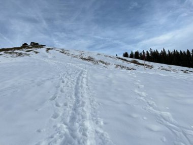 Harika kış yürüyüş yolları ve Alpstein dağ sırasının yamaçlarında taze alp karları, Urnaesch (ya da Urnasch) - İsviçre 'nin Appenzell Innerrhoden Kantonu (Schweiz)