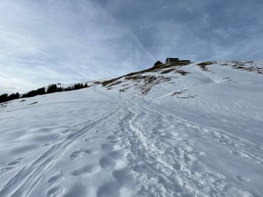 Harika kış yürüyüş yolları ve Alpstein dağ sırasının yamaçlarında taze alp karları, Urnaesch (ya da Urnasch) - İsviçre 'nin Appenzell Innerrhoden Kantonu (Schweiz)