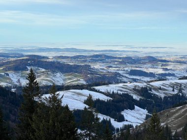 Kronberg dağının tepesinden gelen kış panoraması İsviçre tepeleri ve çayırları ilk karla kaplı Urnaesch (ya da Urnasch) - Appenzell Kantonu, İsviçre / Schweiz
