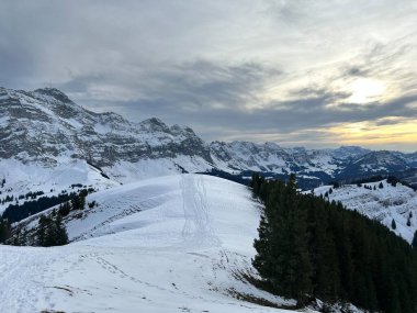 Kronberg dağının tepesinden gelen kış panoraması İsviçre tepeleri ve çayırları ilk karla kaplı Urnaesch (ya da Urnasch) - Appenzell Kantonu, İsviçre / Schweiz