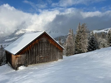 Indigenous alpine huts and wooden cattle stables in the Swiss Alps covered with fresh first snow over the Lake Walen or Lake Walenstadt (Walensee), Amden - Canton of St. Gallen, Switzerland / Schweiz