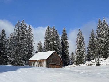 Indigenous alpine huts and wooden cattle stables in the Swiss Alps covered with fresh first snow over the Lake Walen or Lake Walenstadt (Walensee), Amden - Canton of St. Gallen, Switzerland / Schweiz
