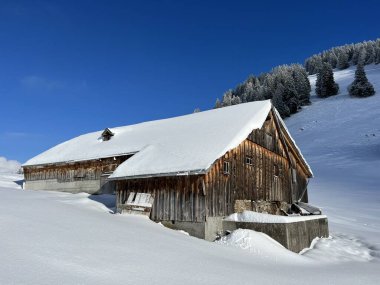 Indigenous alpine huts and wooden cattle stables in the Swiss Alps covered with fresh first snow over the Lake Walen or Lake Walenstadt (Walensee), Amden - Canton of St. Gallen, Switzerland / Schweiz