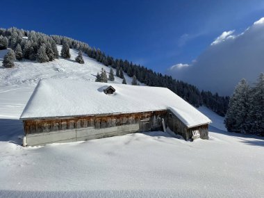 Indigenous alpine huts and wooden cattle stables in the Swiss Alps covered with fresh first snow over the Lake Walen or Lake Walenstadt (Walensee), Amden - Canton of St. Gallen, Switzerland / Schweiz