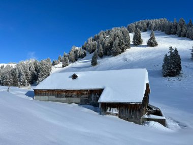 Indigenous alpine huts and wooden cattle stables in the Swiss Alps covered with fresh first snow over the Lake Walen or Lake Walenstadt (Walensee), Amden - Canton of St. Gallen, Switzerland / Schweiz