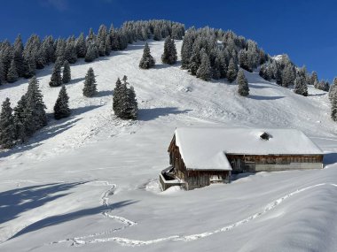 Indigenous alpine huts and wooden cattle stables in the Swiss Alps covered with fresh first snow over the Lake Walen or Lake Walenstadt (Walensee), Amden - Canton of St. Gallen, Switzerland / Schweiz
