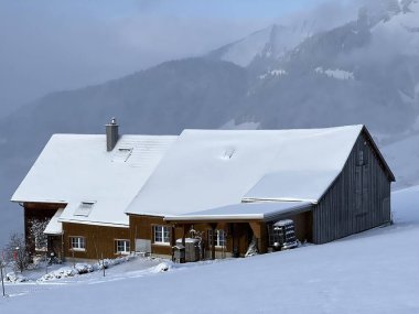 Old traditional swiss rural architecture and alpine livestock farms in the winter ambience over the Lake Walen or Lake Walenstadt (Walensee) and in the Swiss Alps, Amden - Canton of St. Gallen, Switzerland / Schweiz