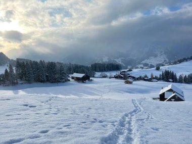 Wonderful winter hiking trails and traces over the Lake Walen or Lake Walenstadt (Walensee) and in the fresh alpine snow cover of the Swiss Alps, Amden - Canton of St. Gallen, Switzerland / Schweiz