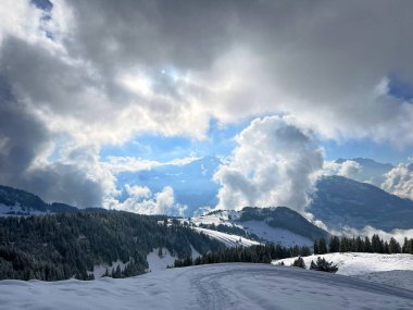 Beautiful low winter clouds and fog condensation in the Swiss Alps during a polar cold snap, Amden - Canton of St. Gallen, Switzerland / Schweiz