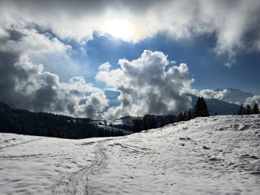 Beautiful low winter clouds and fog condensation in the Swiss Alps during a polar cold snap, Amden - Canton of St. Gallen, Switzerland / Schweiz
