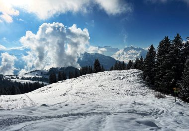 Beautiful low winter clouds and fog condensation in the Swiss Alps during a polar cold snap, Amden - Canton of St. Gallen, Switzerland / Schweiz