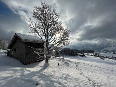 Icy winter sun over a fresh snow cover in the Swiss Alps and in the Amden winter resort area above the Lake Walen or Lake Walenstadt (Walensee) - Canton of St. Gallen, Switzerland / Schweiz