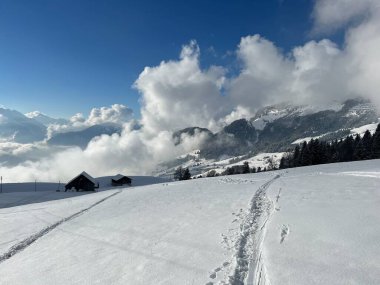 Wonderful winter hiking trails and traces over the Lake Walen or Lake Walenstadt (Walensee) and in the fresh alpine snow cover of the Swiss Alps, Amden - Canton of St. Gallen, Switzerland / Schweiz