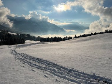 Wonderful winter hiking trails and traces over the Lake Walen or Lake Walenstadt (Walensee) and in the fresh alpine snow cover of the Swiss Alps, Amden - Canton of St. Gallen, Switzerland / Schweiz