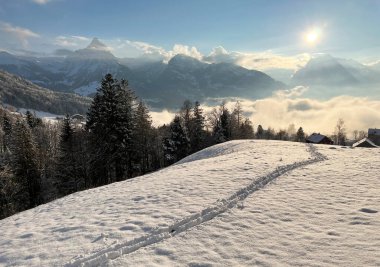 Wonderful winter hiking trails and traces over the Lake Walen or Lake Walenstadt (Walensee) and in the fresh alpine snow cover of the Swiss Alps, Amden - Canton of St. Gallen, Switzerland / Schweiz