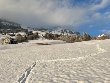Wonderful winter hiking trails and traces over the Lake Walen or Lake Walenstadt (Walensee) and in the fresh alpine snow cover of the Swiss Alps, Amden - Canton of St. Gallen, Switzerland / Schweiz