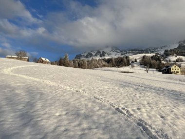 Wonderful winter hiking trails and traces over the Lake Walen or Lake Walenstadt (Walensee) and in the fresh alpine snow cover of the Swiss Alps, Amden - Canton of St. Gallen, Switzerland / Schweiz