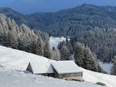Indigenous alpine huts and wooden cattle stables in the Swiss Alps covered with fresh first snow over the Lake Walen or Lake Walenstadt (Walensee), Amden - Canton of St. Gallen, Switzerland / Schweiz