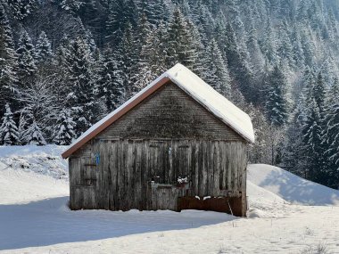Indigenous alpine huts and wooden cattle stables in the Swiss Alps covered with fresh first snow over the Lake Walen or Lake Walenstadt (Walensee), Amden - Canton of St. Gallen, Switzerland / Schweiz