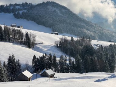 Indigenous alpine huts and wooden cattle stables in the Swiss Alps covered with fresh first snow over the Lake Walen or Lake Walenstadt (Walensee), Amden - Canton of St. Gallen, Switzerland / Schweiz