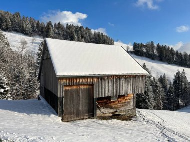 Indigenous alpine huts and wooden cattle stables in the Swiss Alps covered with fresh first snow over the Lake Walen or Lake Walenstadt (Walensee), Amden - Canton of St. Gallen, Switzerland / Schweiz