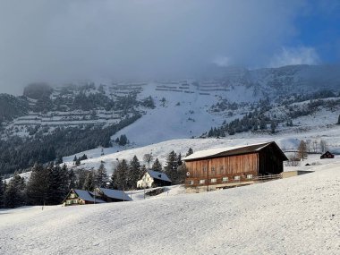 Indigenous alpine huts and wooden cattle stables in the Swiss Alps covered with fresh first snow over the Lake Walen or Lake Walenstadt (Walensee), Amden - Canton of St. Gallen, Switzerland / Schweiz